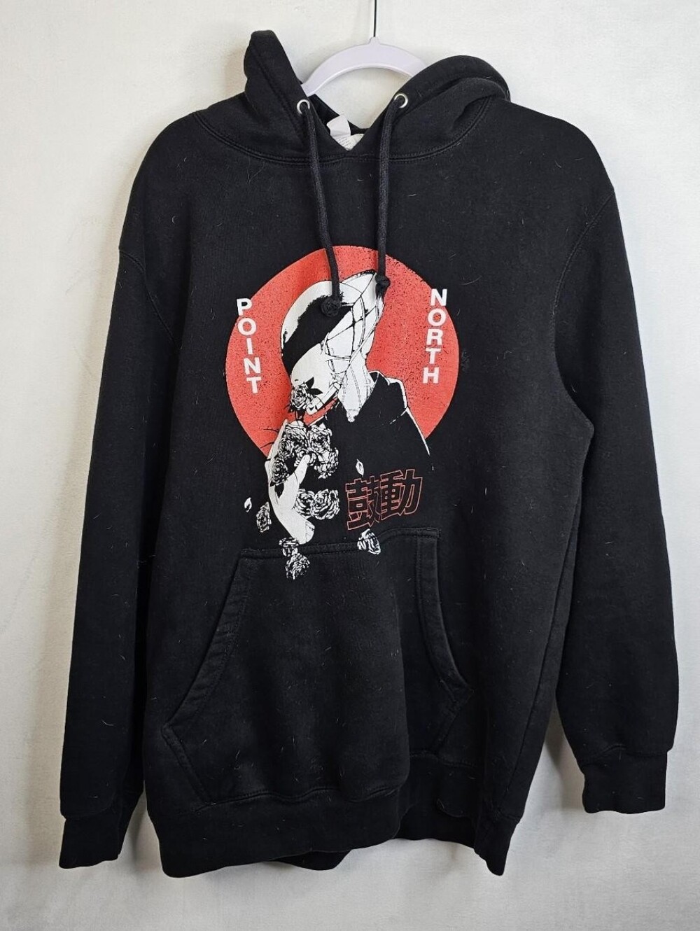 Black Graphic Hoodie with Red Accent - Point North Sz L